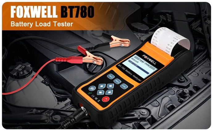 FOXWELL Probador de carga de batería de coche para 6 V, 12 V, 24 V, sistema de arranque y parada de carga, herramienta de prueba BT780 analizador de baterías automático con impresora térmica integrada y estuche de transporte