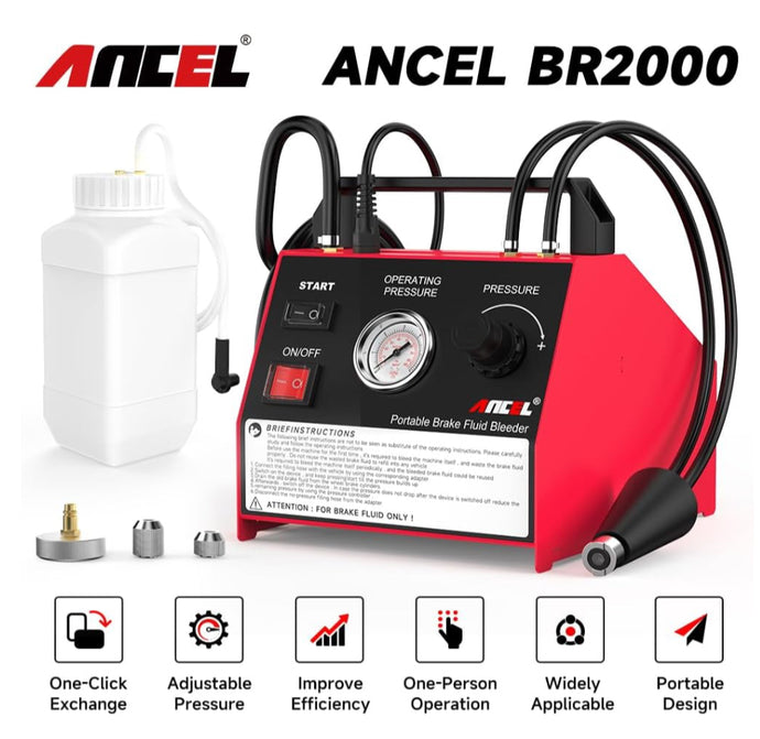 ANCEL BR2000 - Kit de purgador de frenos automático de vacío para una persona con presión ajustable visible, herramienta profesional de purga de aceite de líquido de frenos pulsante