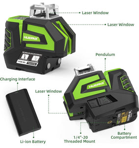 Huepar Línea cruzada de nivel láser verde autonivelante con 2 puntos de plomada herramienta láser -360 línea horizontal más gran ángulo de ventilador de haz vertical -Batería de iones de litio con puerto de carga tipo C y base magnética 7211CG