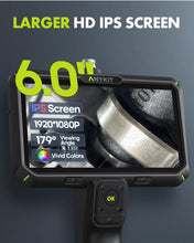 Cargar imagen en el visor de la galería, Anykit Cámara endoscopio con luz, endoscopio de doble lente 1080P, boroscopio de pantalla IPS de 6 pulgadas, cámara de inspección de serpiente de plomería con pantalla dividida, tarjeta de 32 GB,