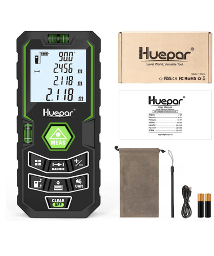 Huepar Medida de distancia láser de 328 pies con batería recargable y sensor de ángulo, medidor láser LCD retroiluminado M/in/ft con función de silencio y modos de medición múltiple, distancia pitagórica, área y volumen -X6-LM100