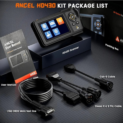 ANCEL Escáner de camión resistente HD430, restablecimiento de DPF y regeneración forzada para motores Cummins y Caterpillar, escáner diesel HDOBD de sistema completo OBD2, herramienta de escan