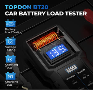 TOPDON BT20, prueba de voltaje, prueba de arranque y prueba de carga en la aplicación, probador de batería automotriz rentable para automóviles, camiones, SUV, cuatrimotos, vehículos