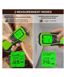 Huepar Medidor digital de humedad de madera, detector de fugas de agua tipo pin con 2 modos de medición, 8 tipos de probador de humedad de madera