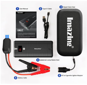 Imazing Arrancador portátil de coche – 2000 A pico 18000 mAh (hasta 8.0 L de gas o motor diésel de 7.5 L) Paquete de alimentación portátil de 12 V con cables de puente indicadores, control de calidad 3.0 y luz LED