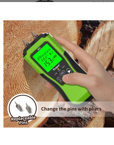 Huepar Medidor digital de humedad de madera, detector de fugas de agua tipo pin con 2 modos de medición, 8 tipos de probador de humedad de madera