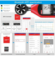 Cargar imagen en el visor de la galería, UNI-T Medidor de velocidad de viento Bluetooth, UT363BT Mini anemómetro digital de mano con termómetro y máx mínimo para recolección de datos meteorológicos y deportes al aire libre, windsurf, vela con pantalla LCD de retroiluminación