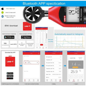 UNI-T Medidor de velocidad de viento Bluetooth, UT363BT Mini anemómetro digital de mano con termómetro y máx mínimo para recolección de datos meteorológicos y deportes al aire libre, windsurf, vela con pantalla LCD de retroiluminación